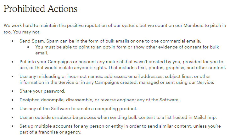 Acceptable Use Policy in Mailchimp - email list