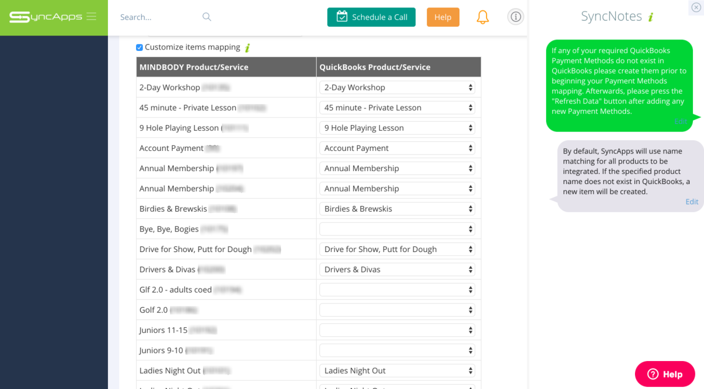 Screenshot of the Items Mapping in SyncApps Dashboard - MINDBODY Online to QuickBooks Online