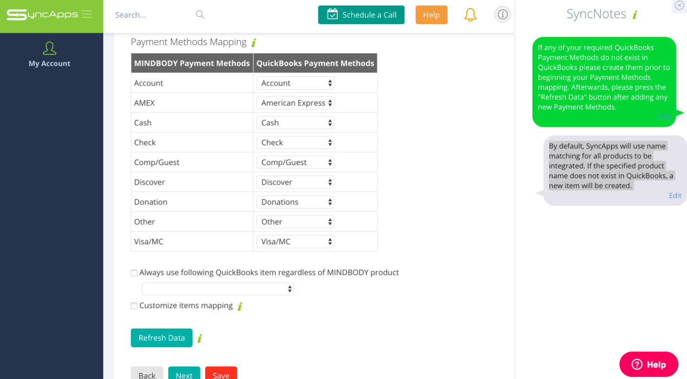 Screenshot of the Payment Methods Mapping in SyncApps Dashboard - MINDBODY Online to QuickBooks Online