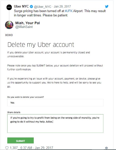 Screenshot of deleting an Uber account - social media listening