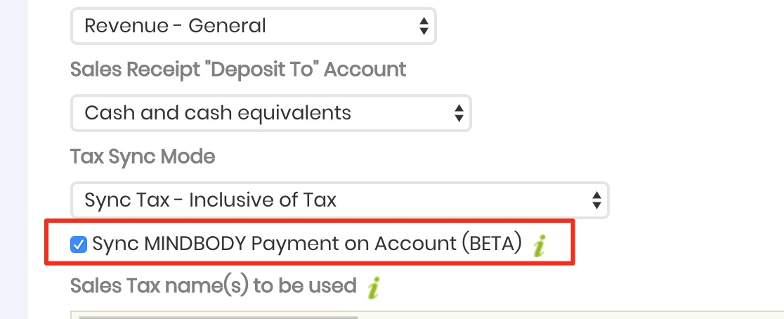 Check Sync MINDBODY Payment on Account (BETA)