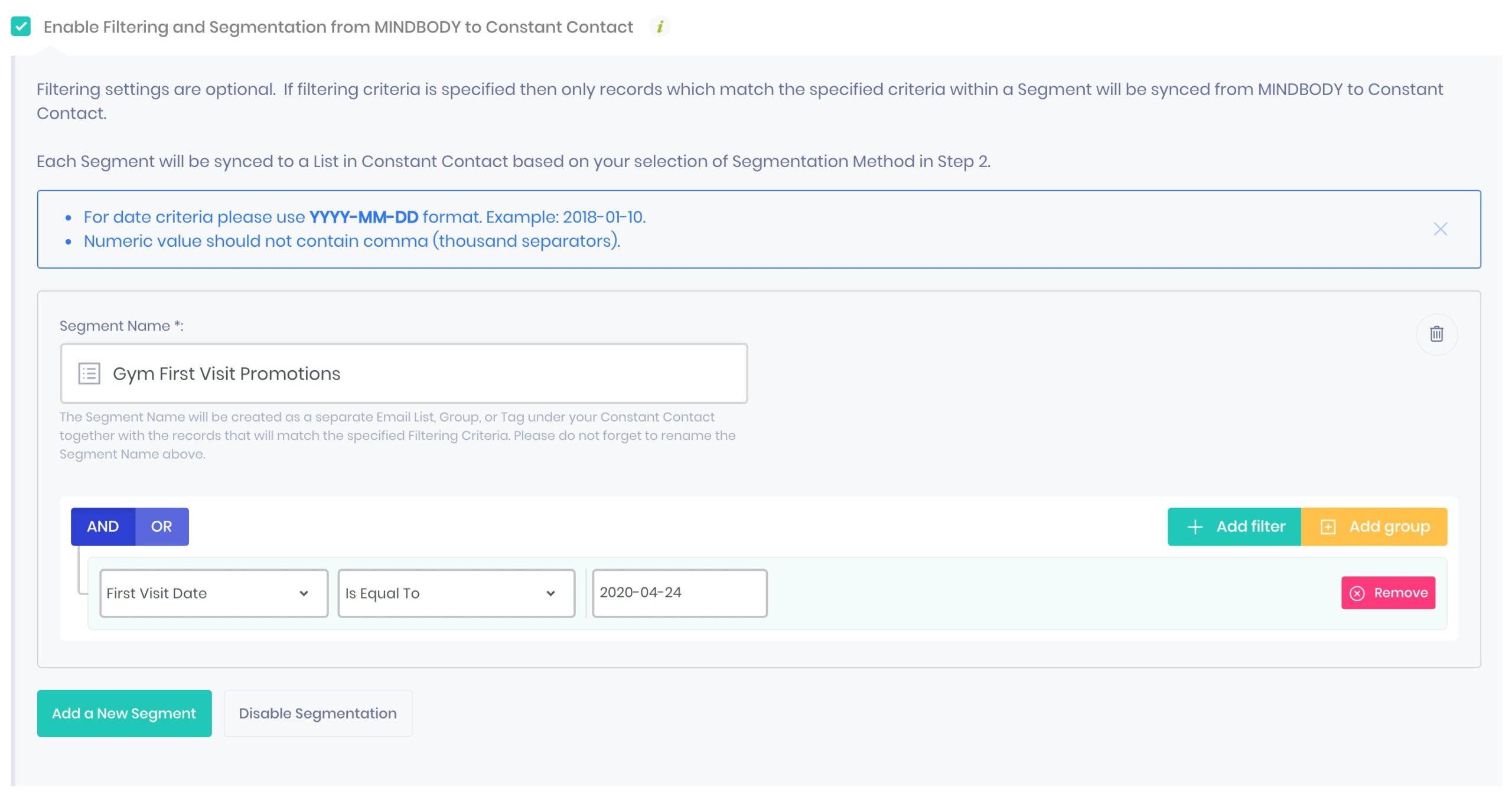 Mindbody to Constant Contact filtering and segmentation