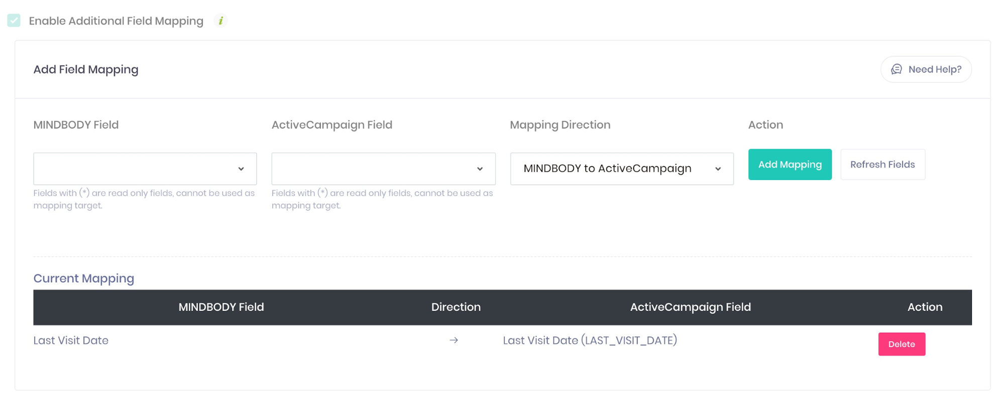 Field mapping feature for Mindbody to ActiveCampaign