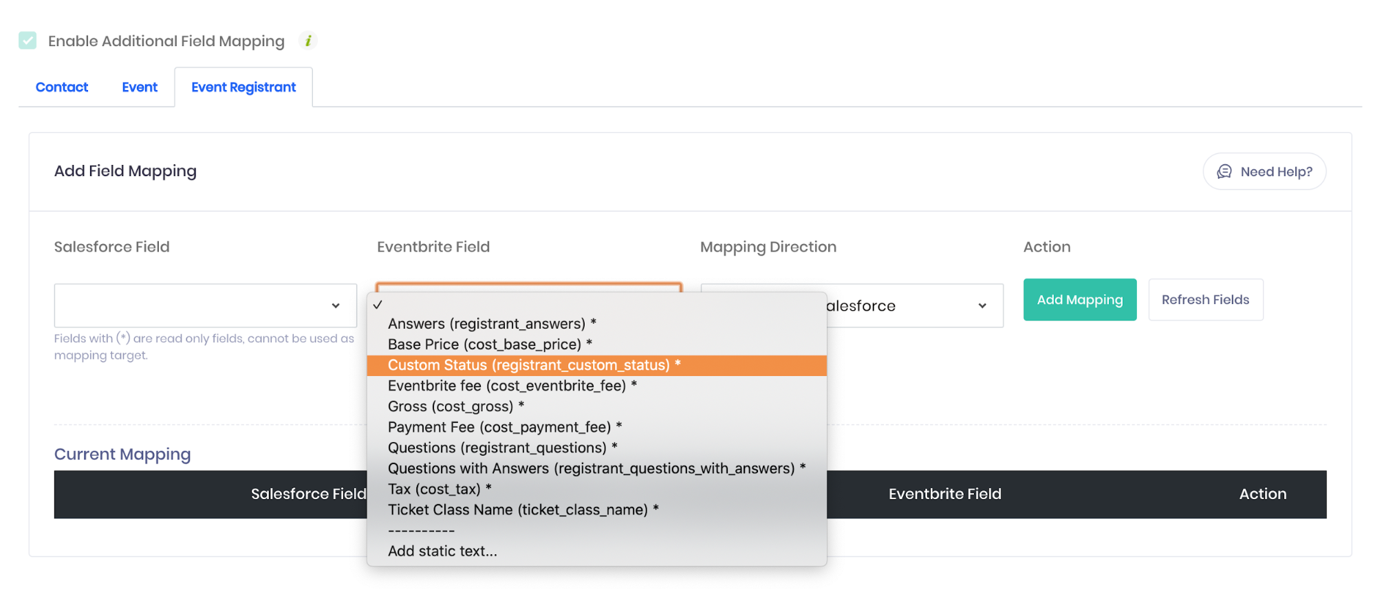 Setup field mapping