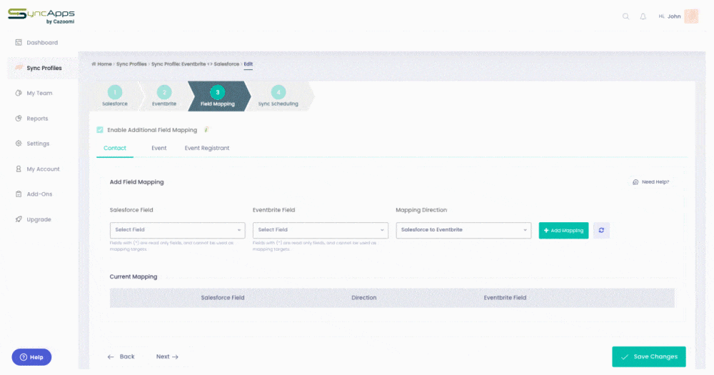 mapped fields to sync from Eventbrite to Salesforce.