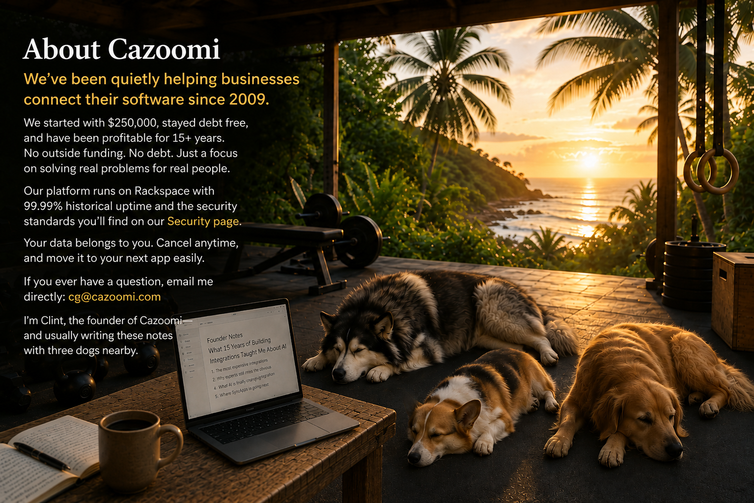 Founder of Cazoomi writing early in the morning with his three dogs nearby.